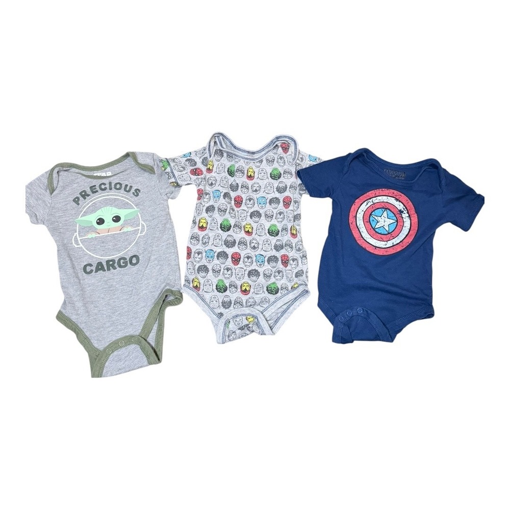 Marvel Star Wars Bodysuit Kids 12M Grogu Captain America Avengers 3PK Gray Blue